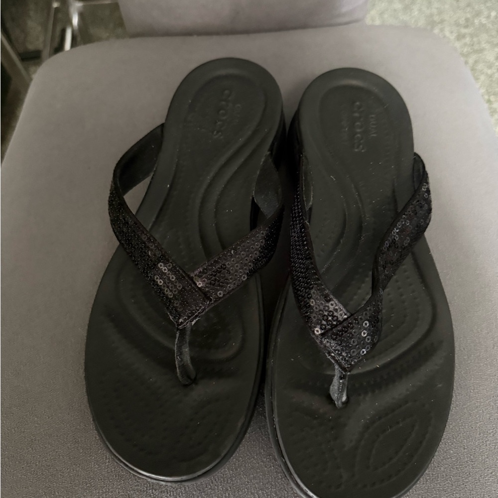 CROCS Black Sequin Flip Flop Sandals